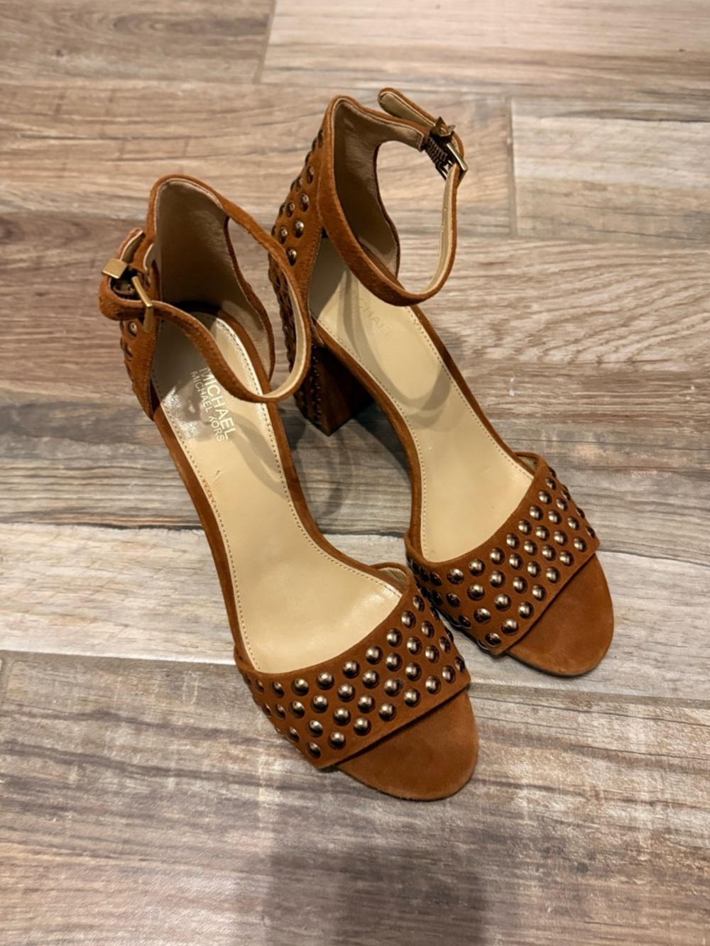 Michael Kors Leela Brown Studded Suede Sandals - Picture 2 of 8